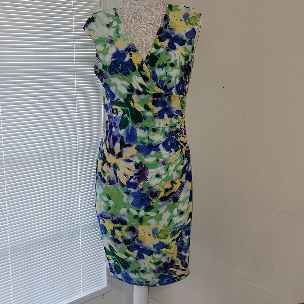 LAUREN Ralph Lauren Faux Wrap Dress Floral Ruched Sleeveless V-Neck Stretch 10